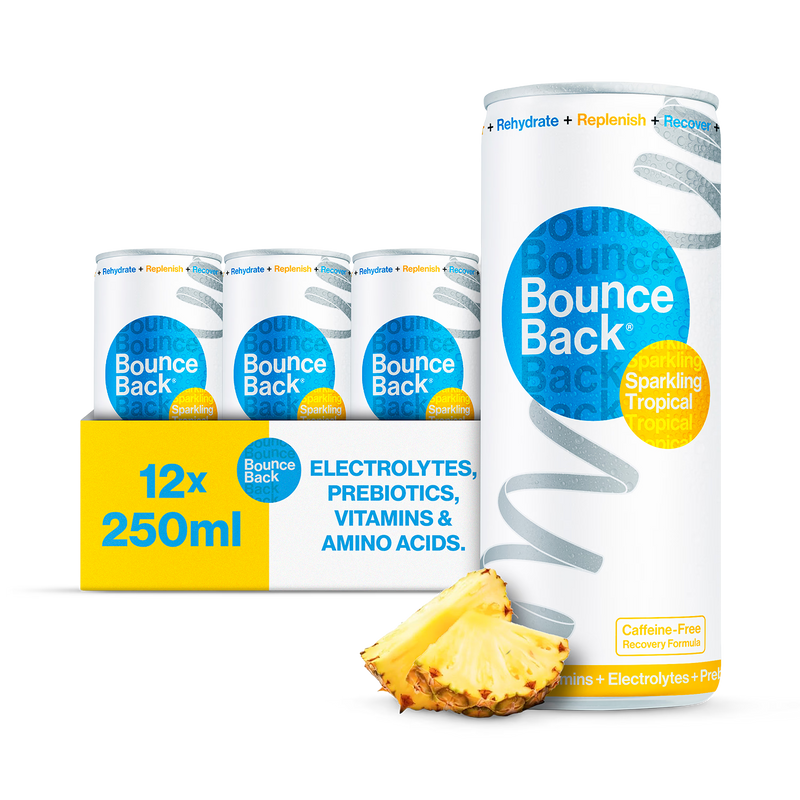 Bounce Back tropical recovery drink case of 12 250ml cans, imported from the UK