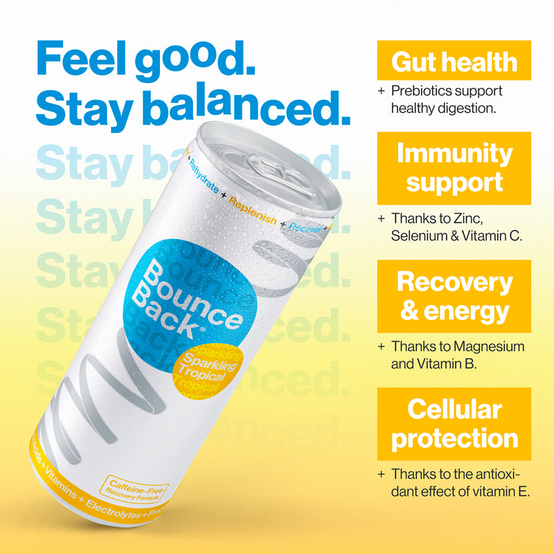 Bounce Back tropical recovery drink case of 12 250ml cans, imported from the UK