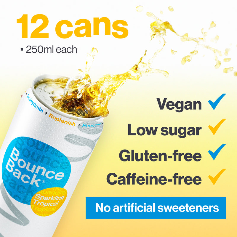 Bounce Back tropical recovery drink case of 12 250ml cans, imported from the UK
