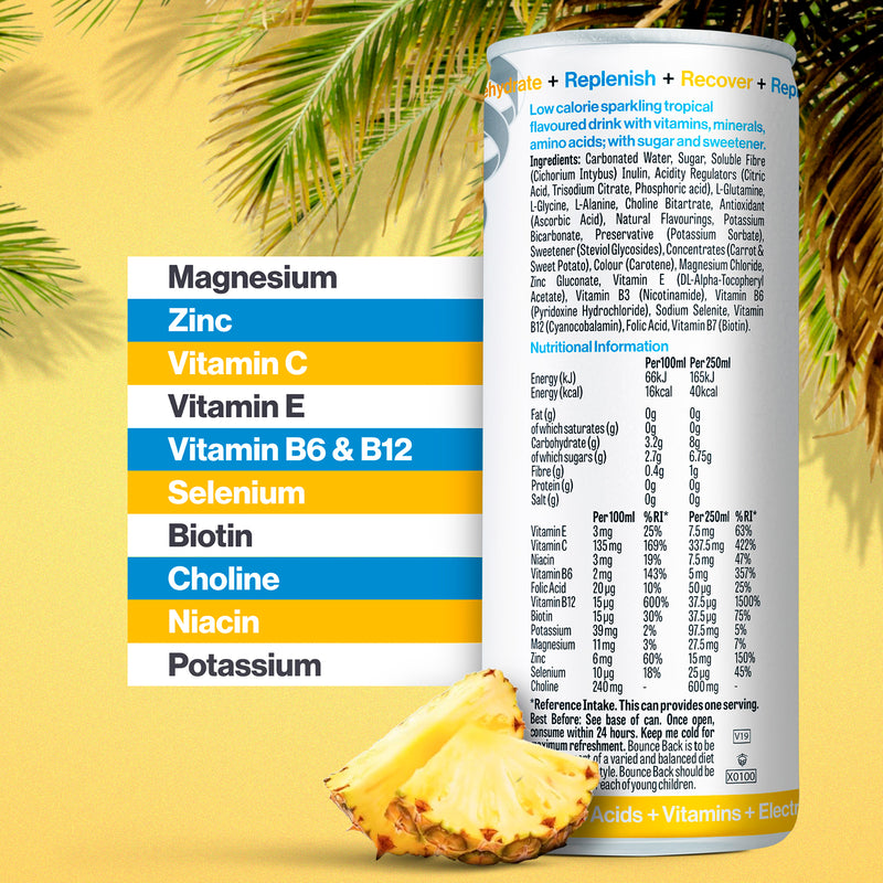 Bounce Back tropical recovery drink case of 12 250ml cans, imported from the UK