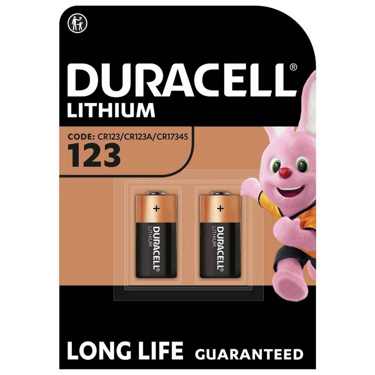 Duracell CR123A battery 2-pack, imported from the UK