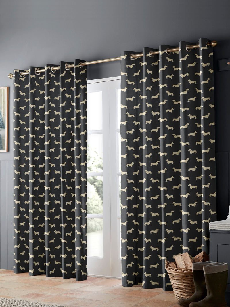 Emily Bond grey Peggy dachshund print curtains (British brand)