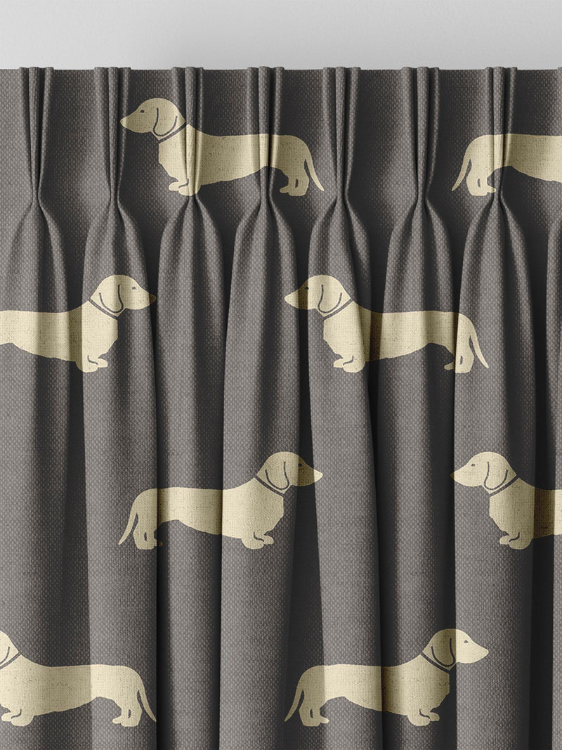 Emily Bond grey Peggy dachshund print curtains (British brand)