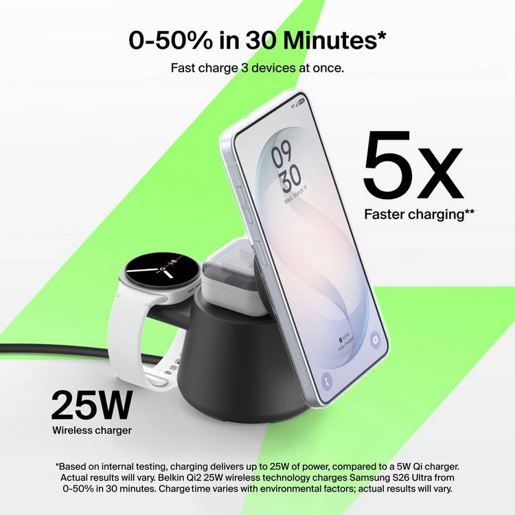 Belkin 25W Qi2 3-in-1 magnetic modular wireless charger (British brand)