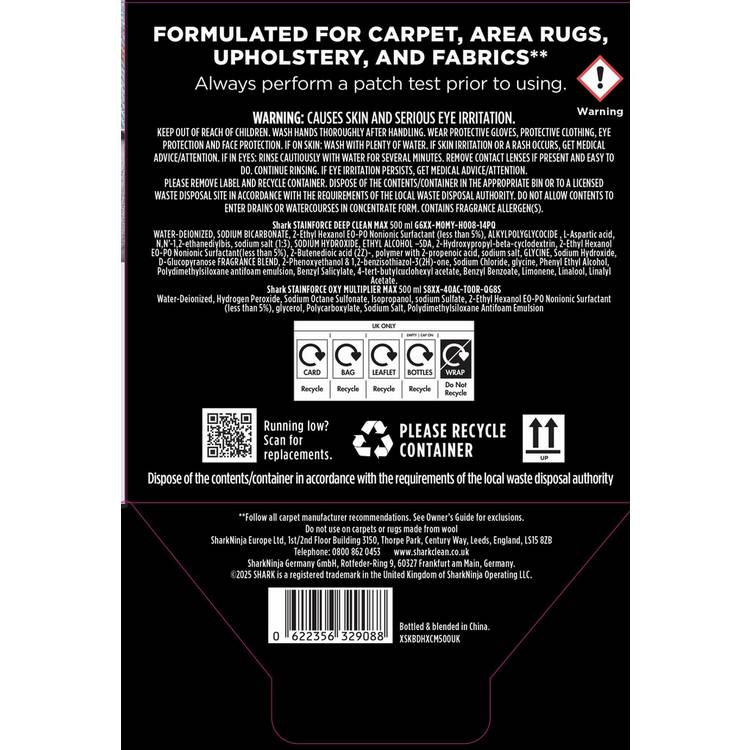 Shark StainForce 500ml dual formula cleaning solution 2-pack - British product