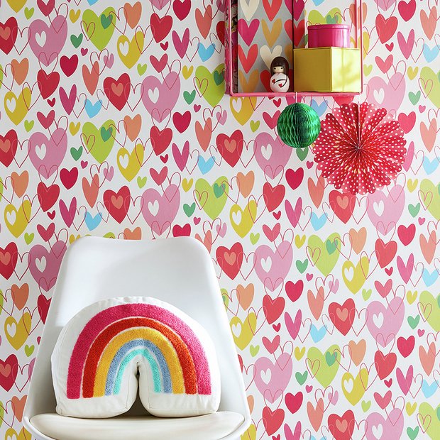Ohpopsi Pop Hearts wallpaper in Tutti Frutti multicolour, imported from the UK