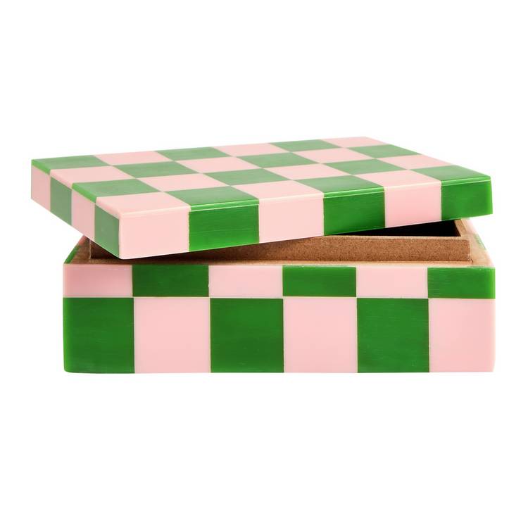 Habitat Brights checkered trinket box in pink and green, UK version