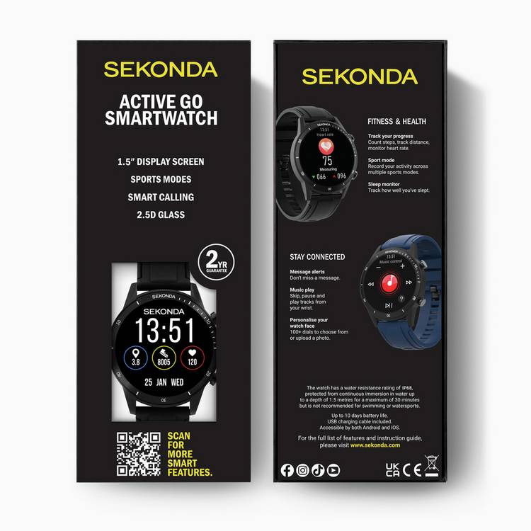 Sekonda Active Go smartwatch black silicone strap, imported from the UK