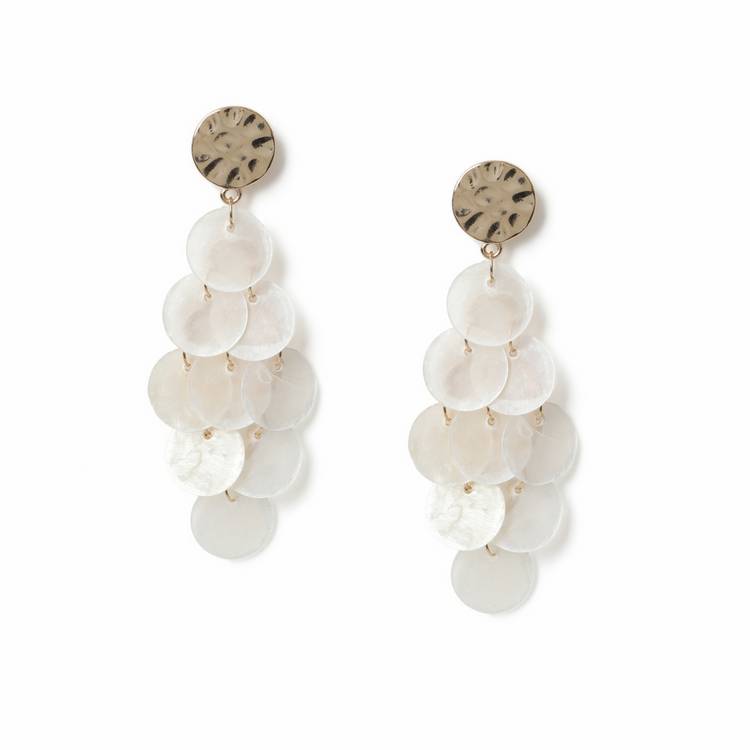 Freedom white shell disc drop earrings 60mm drop - British product
