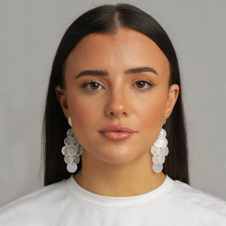 Freedom white shell disc drop earrings 60mm drop - British product
