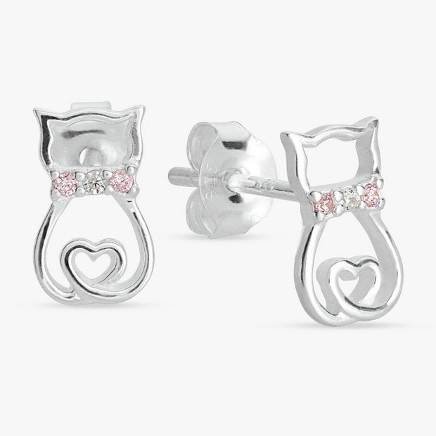 Revere sterling silver pink stone cat earrings - British product
