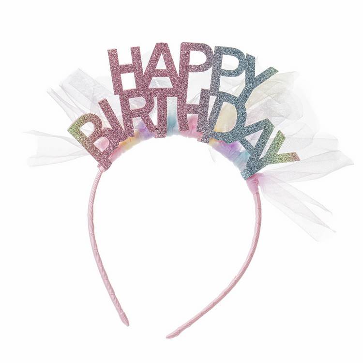 Flitzy Happy Birthday headband with colourful lettering and tulle, UK version