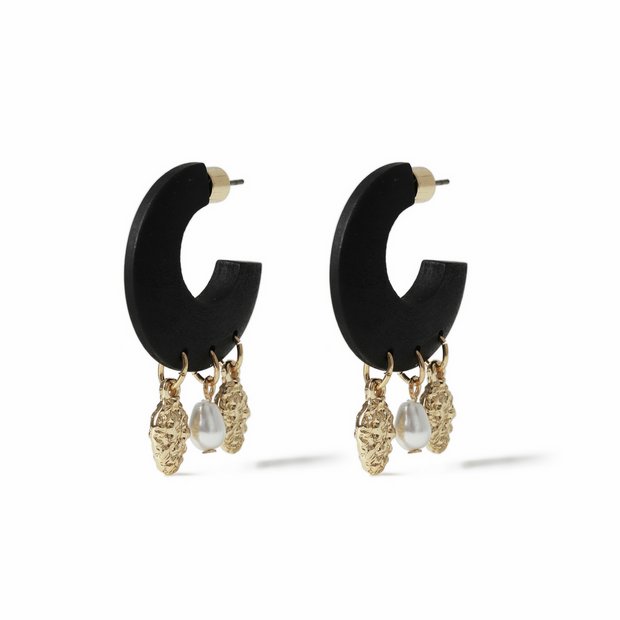 Freedom gold-tone charm black hoop earrings (British brand)