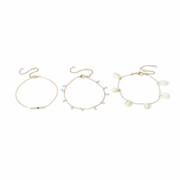 Freedom gold tone blue bead and shell anklet set (British brand)