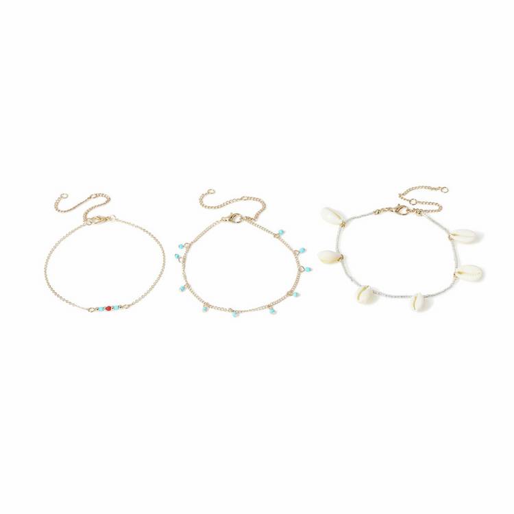 Freedom gold tone blue bead and shell anklet set (British brand)