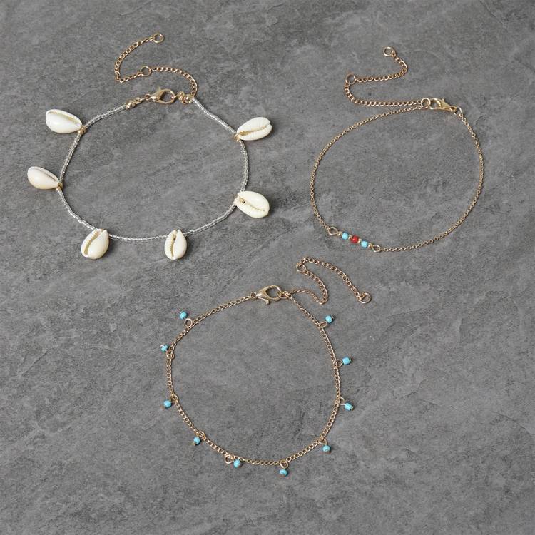 Freedom gold tone blue bead and shell anklet set (British brand)