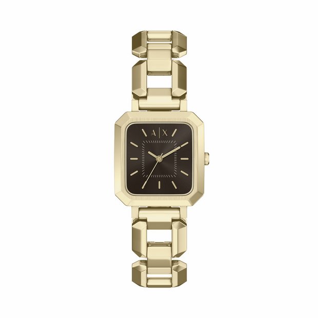 Armani Exchange gold tone stainless steel watch rectangular case, UK version