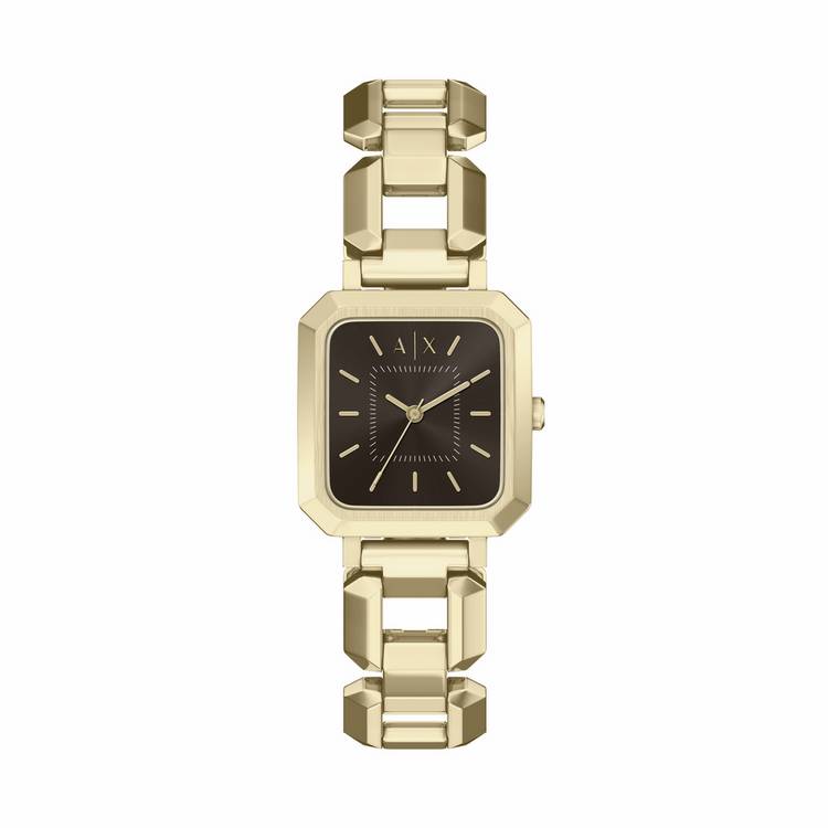 Armani Exchange gold tone stainless steel watch rectangular case, UK version