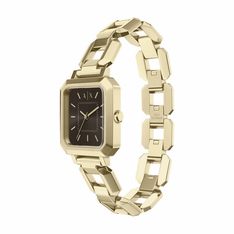 Armani Exchange gold tone stainless steel watch rectangular case, UK version