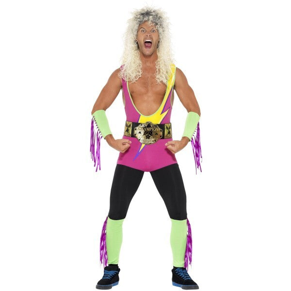 Smiffys retro wrestler costume multicoloured bodysuit belt cuffs, imported from the UK