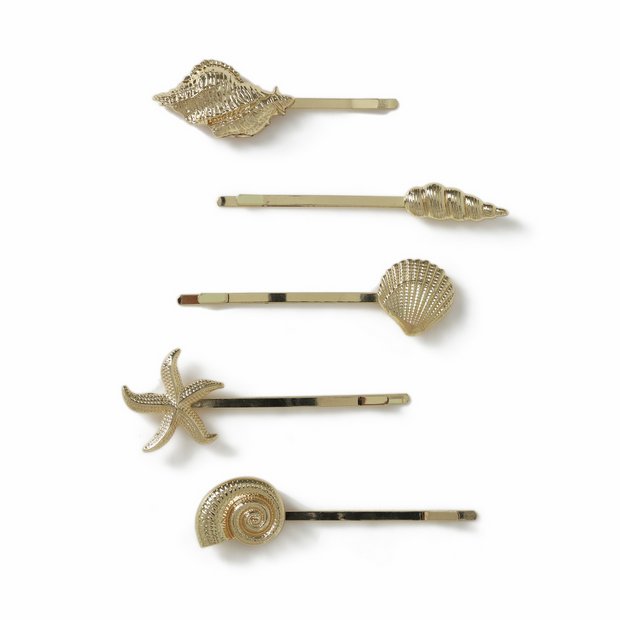 Freedom gold-tone mixed shells hair clips 5pk - British product