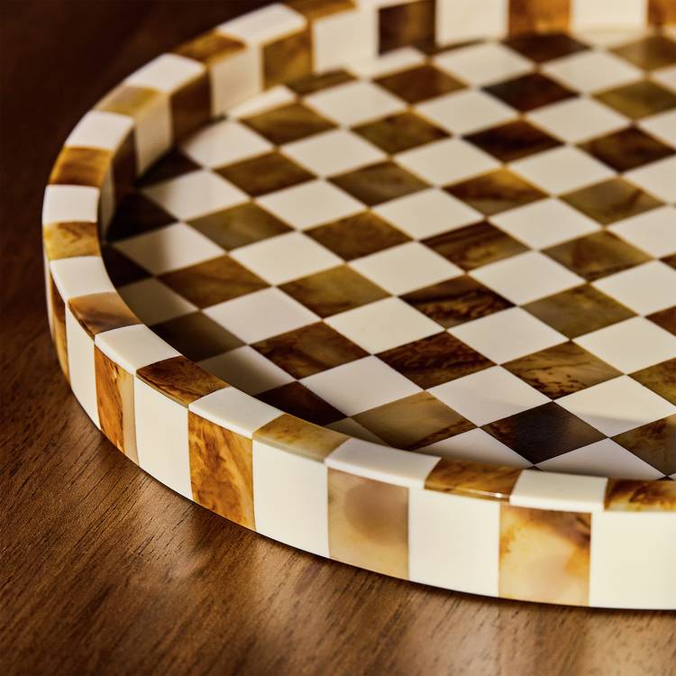 Habitat checkered brown and white round resin trinket tray 30cm, imported from the UK