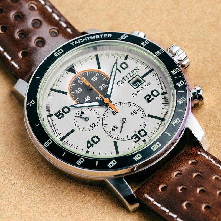 Citizen men's chronograph brown leather strap watch - British product