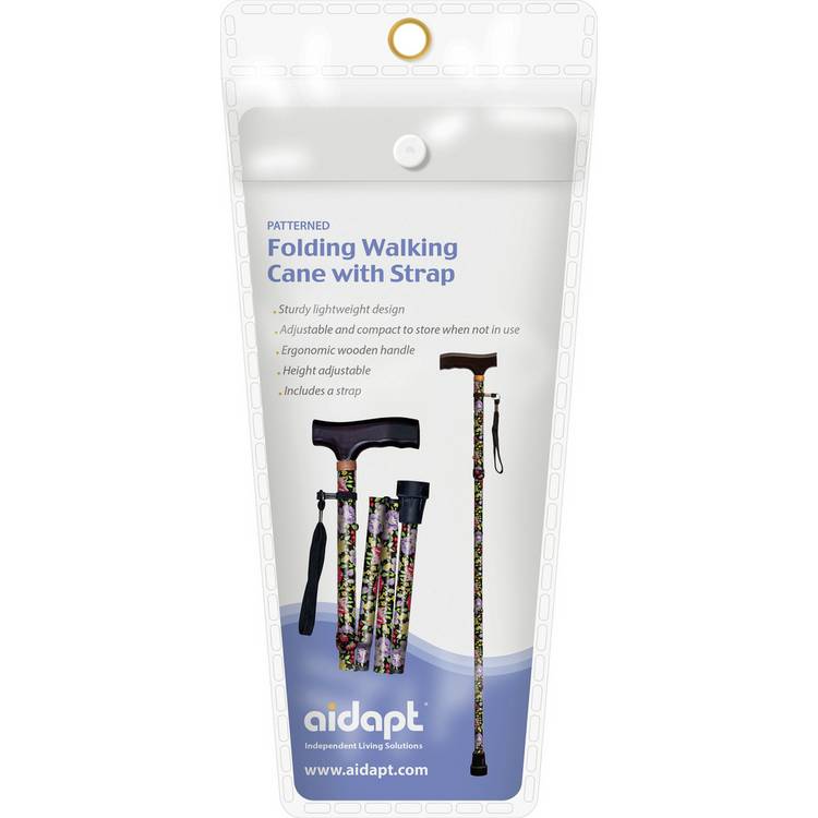 Aidapt folding walking stick patterned floral on black, UK version