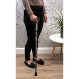 Aidapt folding walking stick patterned floral on black, UK version
