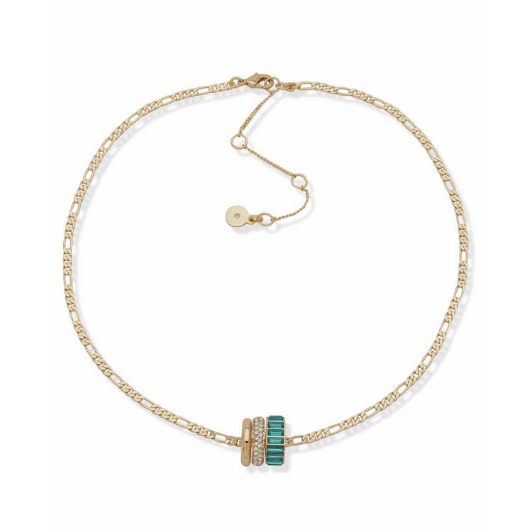 DKNY gold tone teal baguette pendant necklace 16 inch - British product