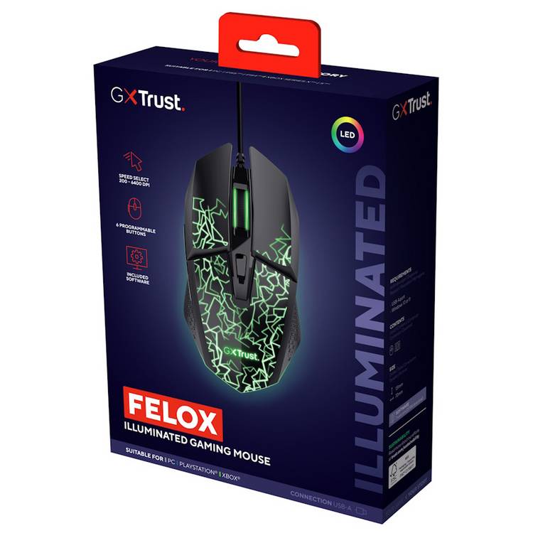 GXTrust 113 Felox illuminated wired gaming mouse in black - British product