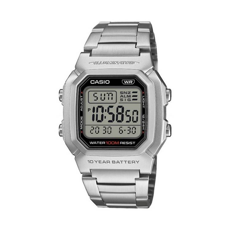 Casio men's grey digital watch with stainless steel strap (British brand)