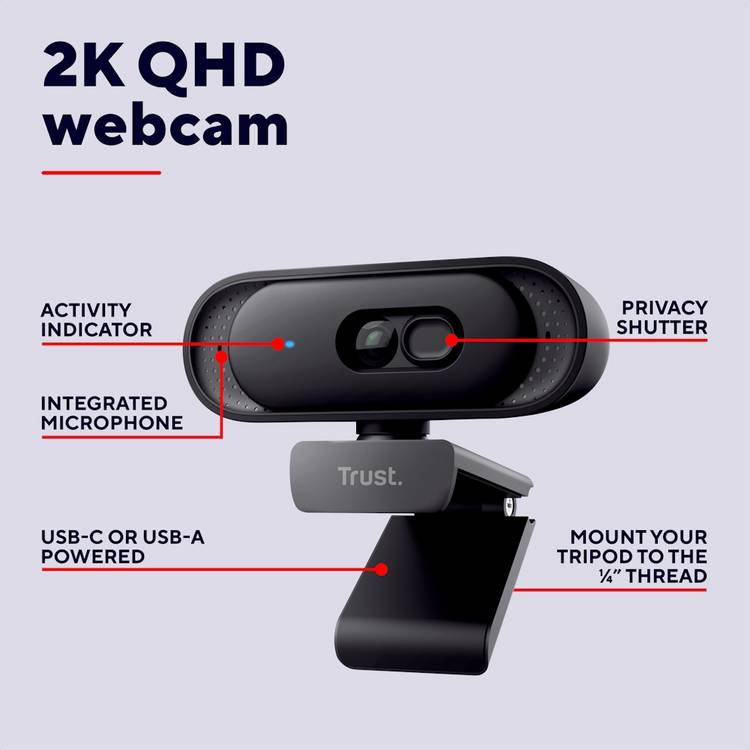 Trust 2K QHD webcam with privacy shutter, imported from the UK