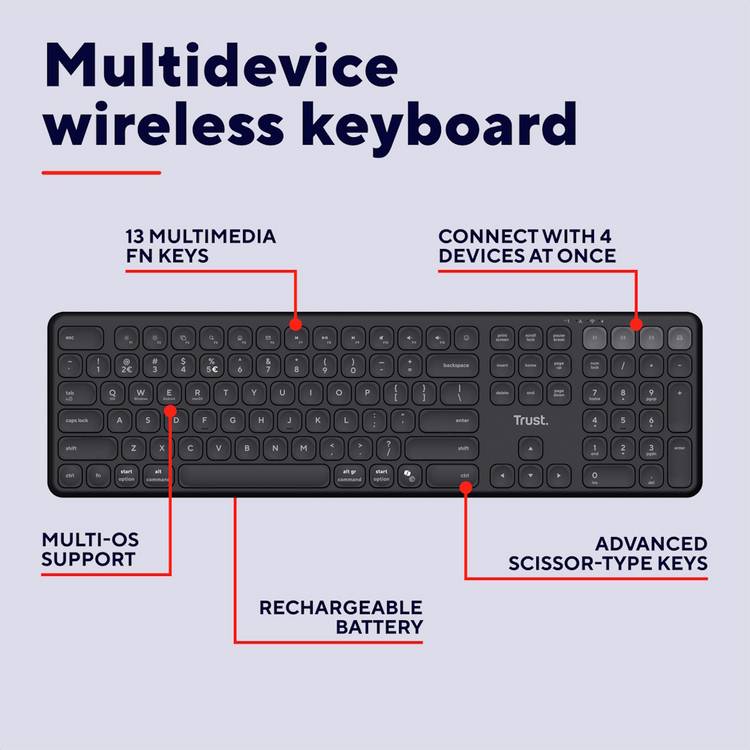 Trust Vaiya multi-device wireless keyboard black, UK version