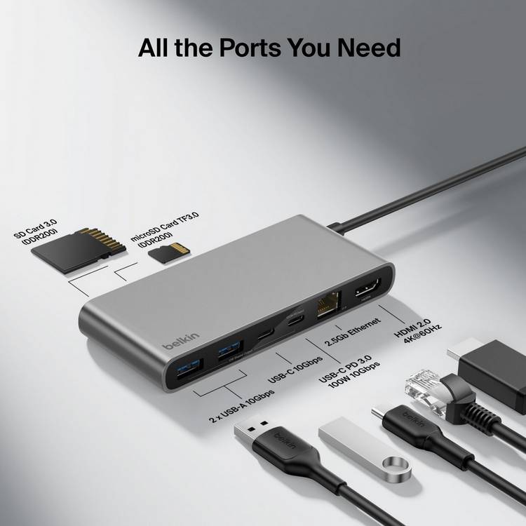 Belkin 8-port USB-C hub with multiple ports, imported from the UK