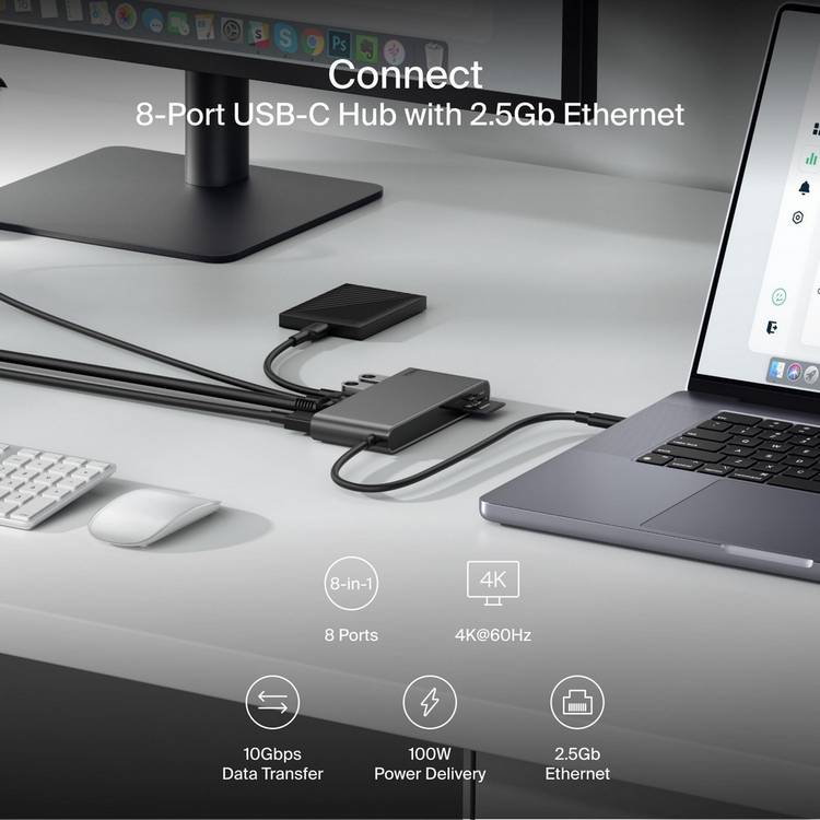 Belkin 8-port USB-C hub with multiple ports, imported from the UK