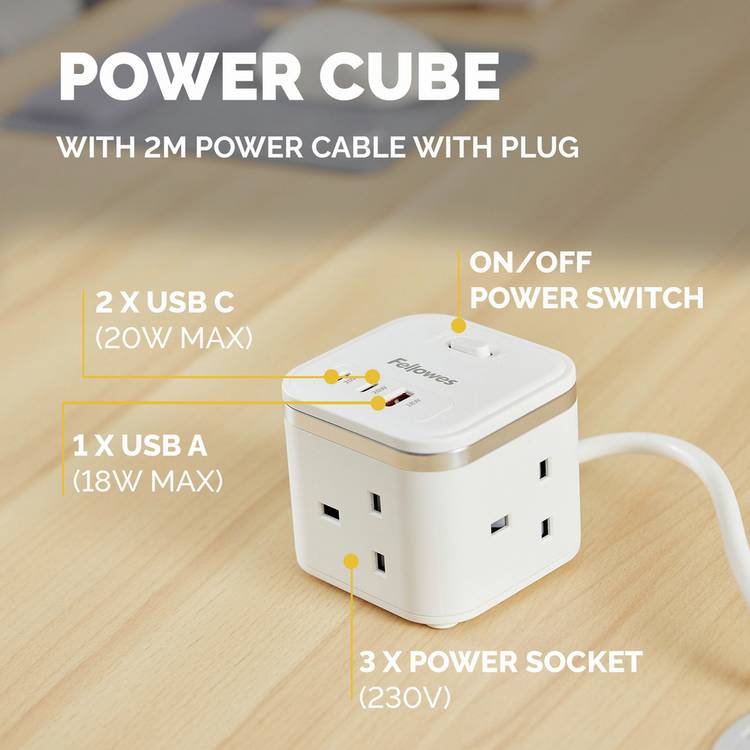 Fellowes Power Cube white with 3 sockets and 2m cable (British brand)