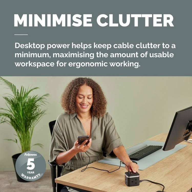 Fellowes Power Cube 3 Socket 2m USB-A USB-C, UK version