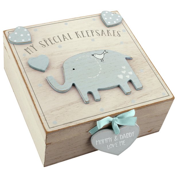 Petit Cheri blue keepsake box with hearts and elephants, imported from the UK