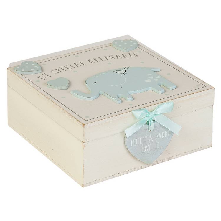 Petit Cheri blue keepsake box with hearts and elephants, imported from the UK