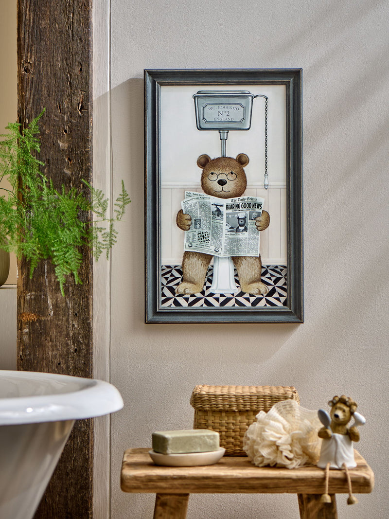 Black Bertie Bear on the Loo framed wall art 40x23x2cm - British product