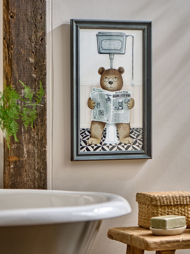 Black Bertie Bear on the Loo framed wall art 40x23x2cm - British product