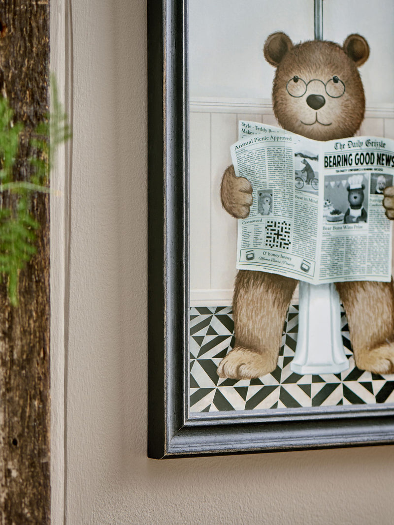 Black Bertie Bear on the Loo framed wall art 40x23x2cm - British product