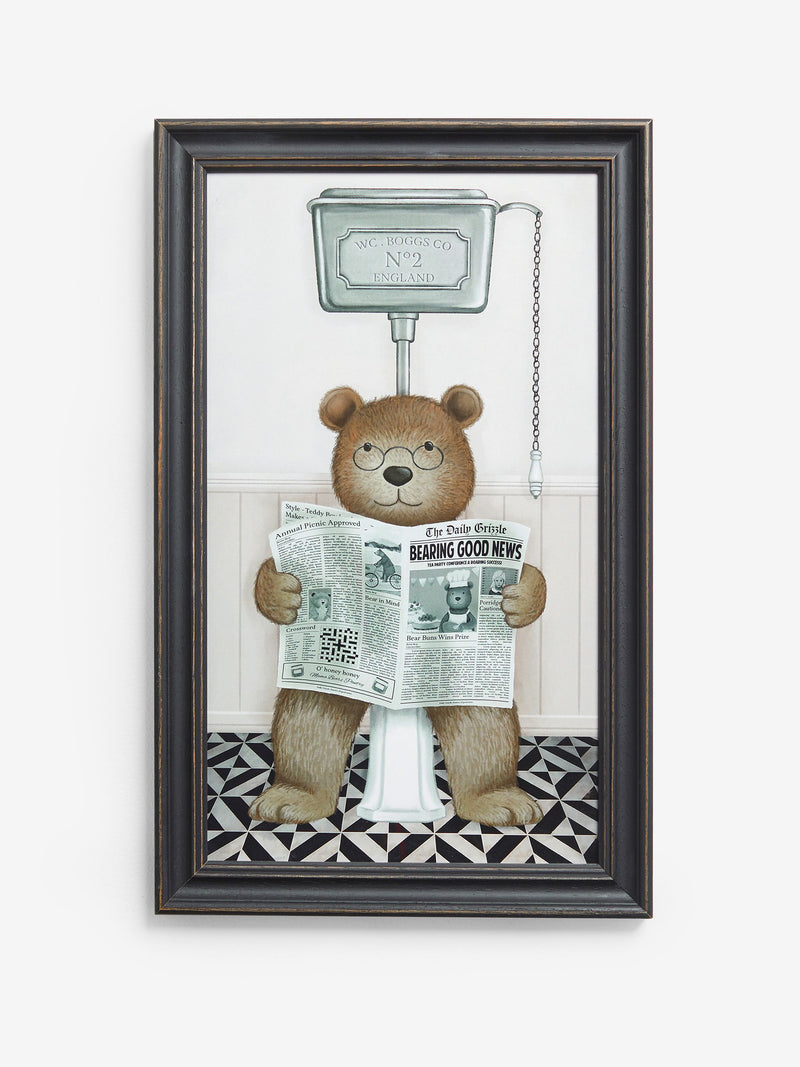 Black Bertie Bear on the Loo framed wall art 40x23x2cm - British product