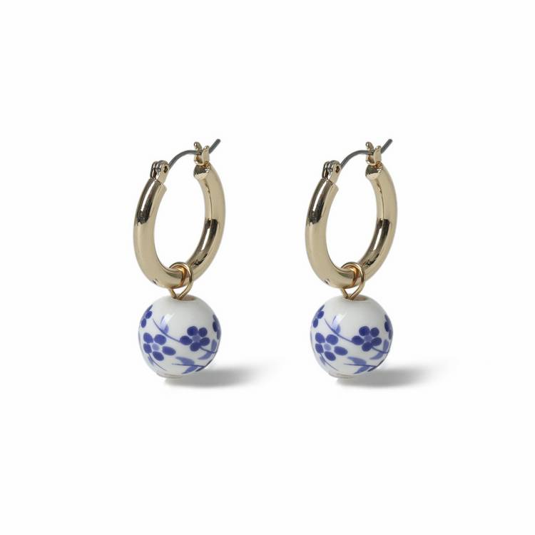 Freedom gold-tone blue bead hoop earrings 20mm drop (British brand)