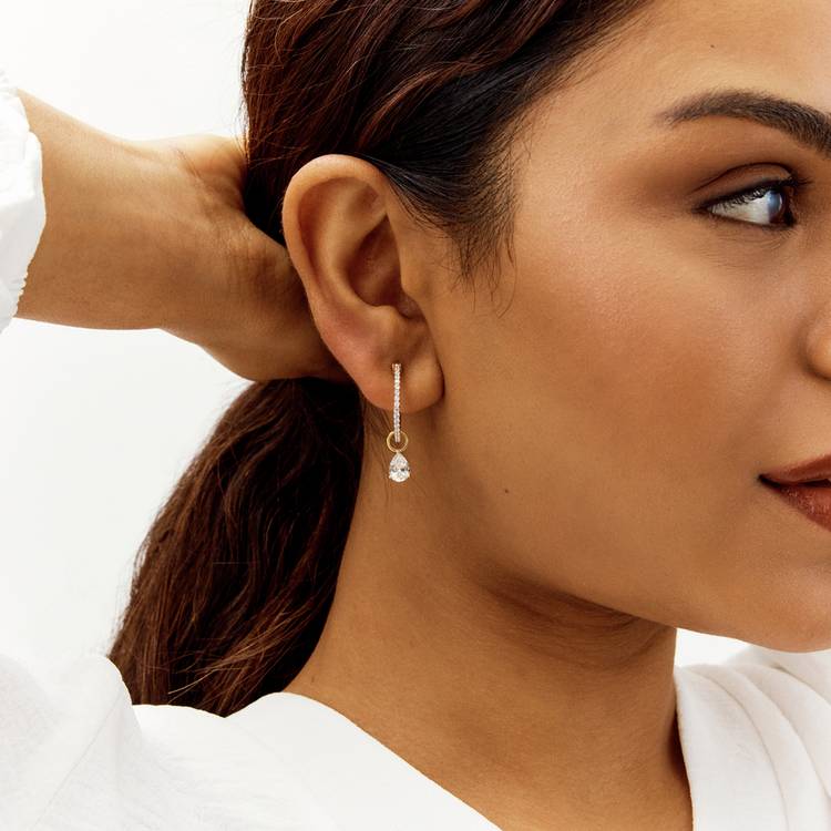 Revere gold plated drop hoop earrings with cubic zirconia - British product