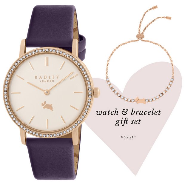Radley rose gold watch and bracelet set with blue leather strap - British product