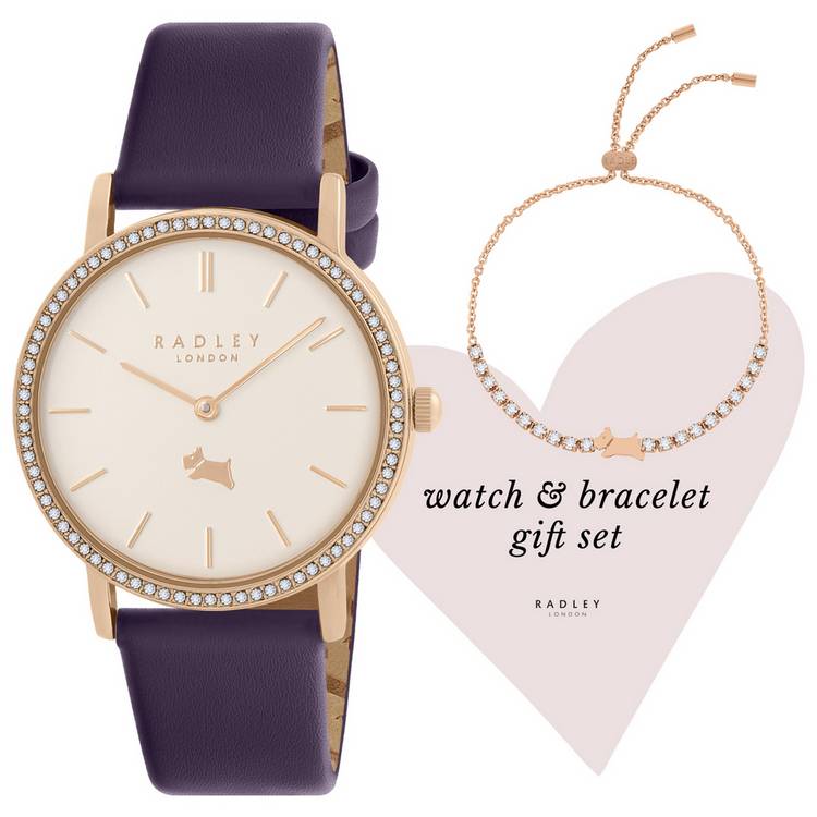 Radley rose gold watch and bracelet set with blue leather strap - British product