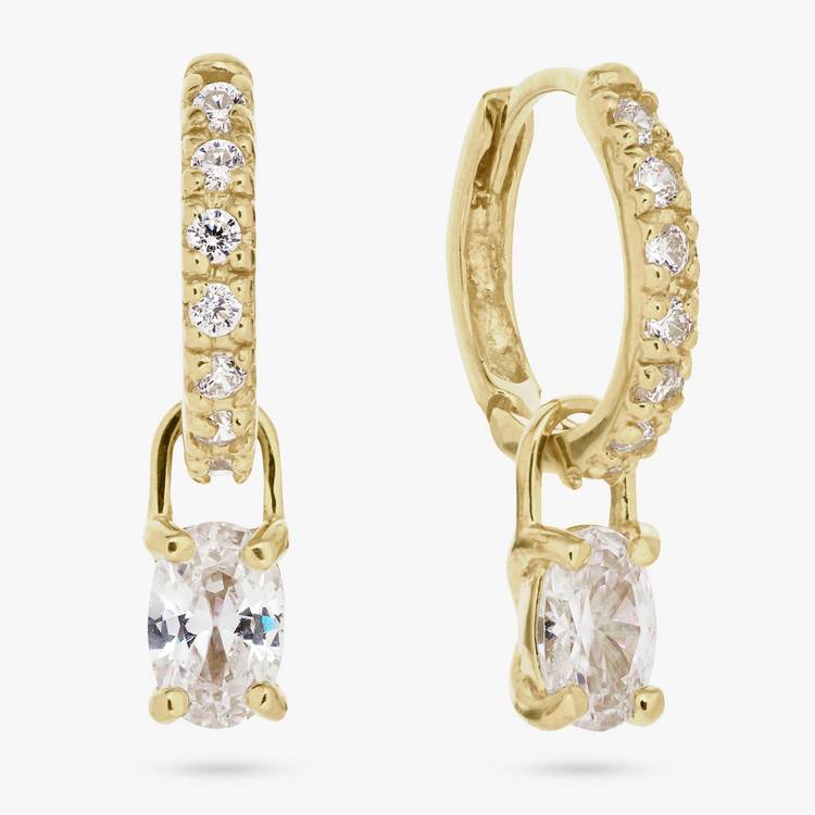 Revere gold plated drop hoop earrings with cubic zirconia, UK version