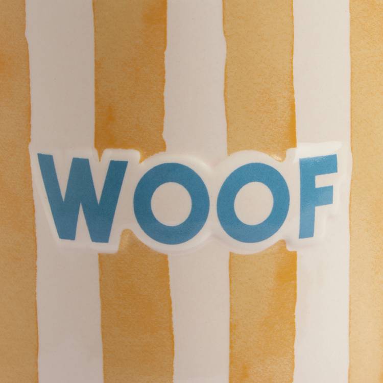 Argos Home yellow stripes woof decal stoneware mug 320ml, imported from the UK